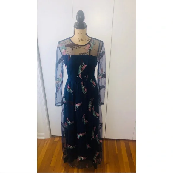 Shein Dresses | Shein Mesh Sleeve Navy Blue A-Line Midi Dress, Princesscore Royalcore | Color: Blue | Size: L | Biancavanessah's Closet